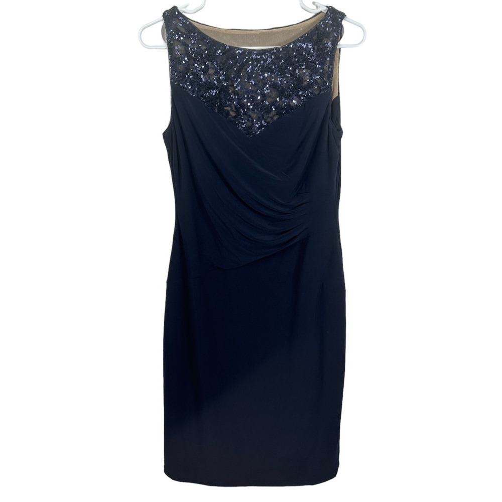 Lauren Ralph Lauren Navy Blue Sequined Lace Draped Sheath Cocktail Dress